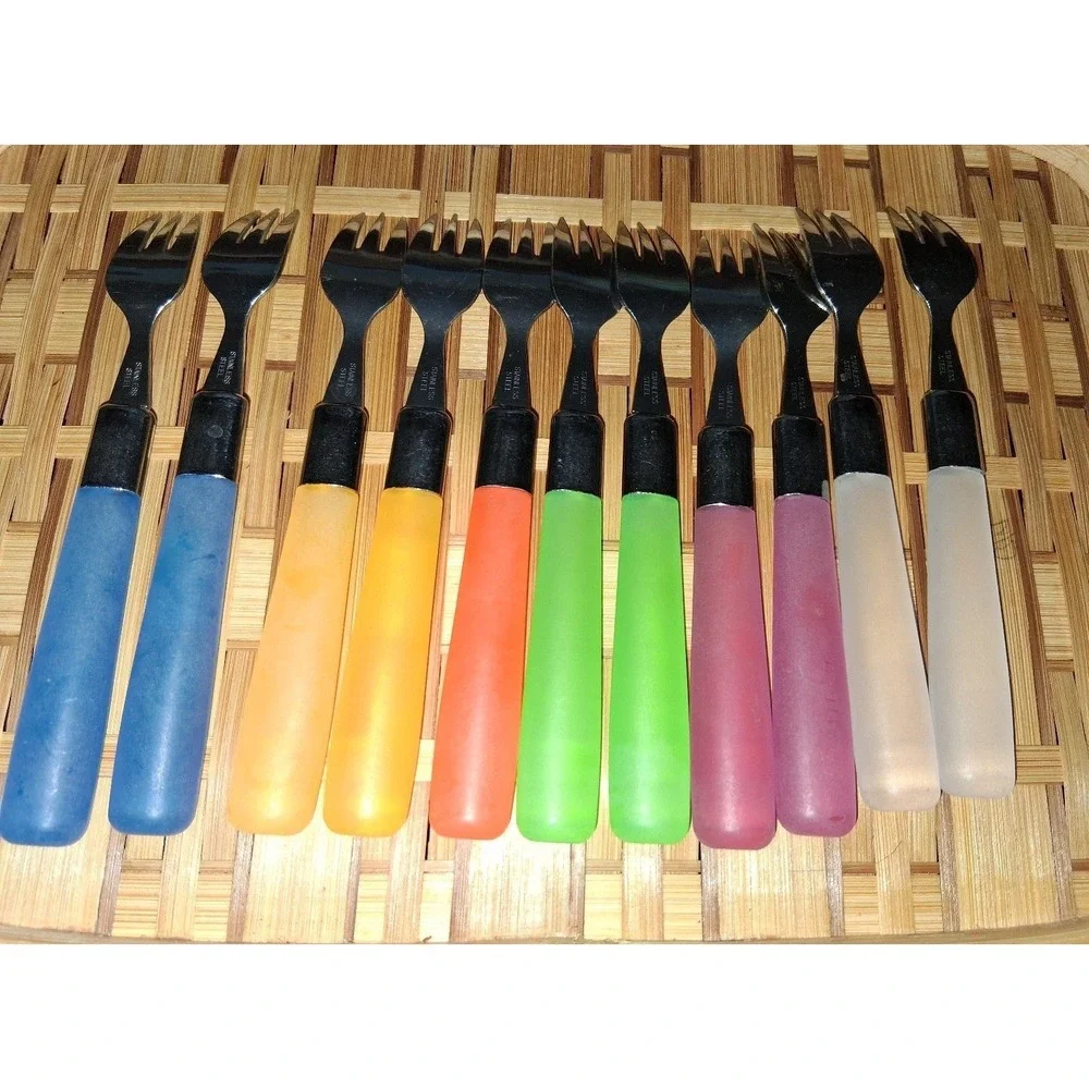 Vintage MCM Lucite Style Handle Cocktail Seafood Forks Set of 11 Rainbow Stainle
